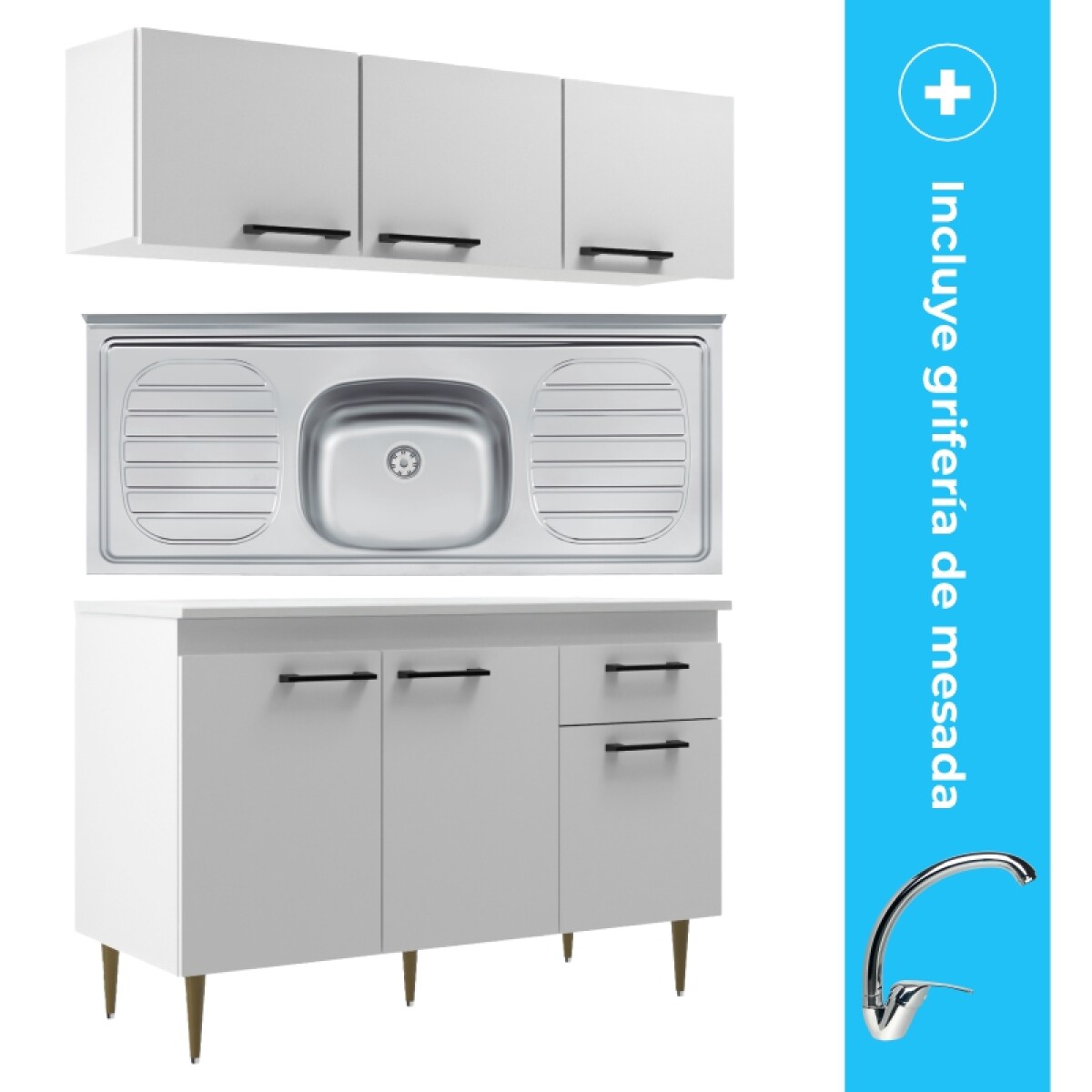 Kit de Cocina Bajo Mesada Pileta Central Mueble Aéreo 3 Puertas y Grifería de Mesada Pico Alto 
