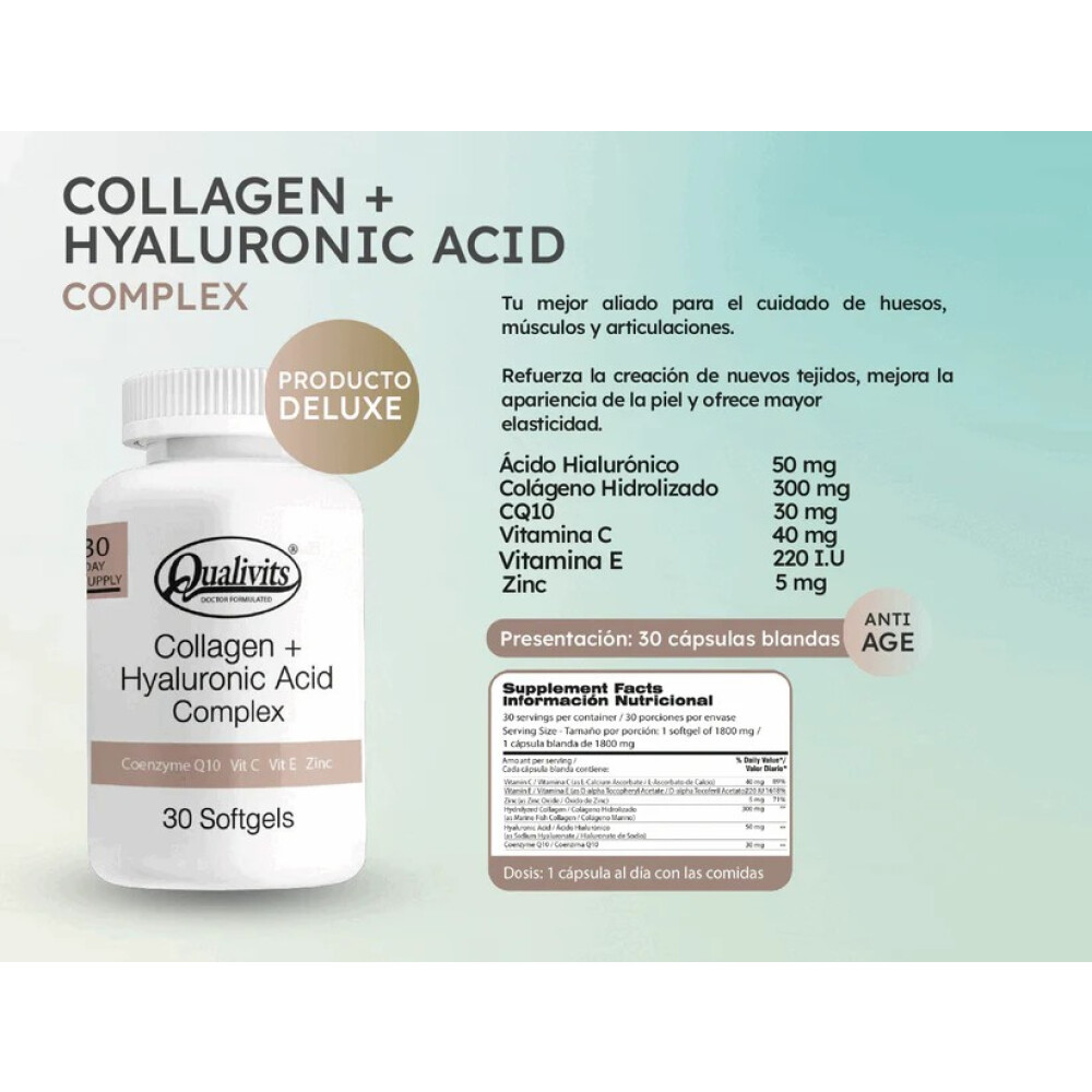 Collagen + Hyaluronic Acid Complex | Colágeno Marino + Ácido Hialurónico | 30 Softgels - Qualivits Collagen + Hyaluronic Acid Complex | Colágeno Marino + Ácido Hialurónico | 30 Softgels - Qualivits