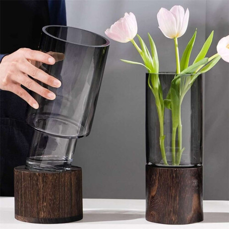 FLORERO CON BASE EN MADERA D12x23CM TRANSPARENTE