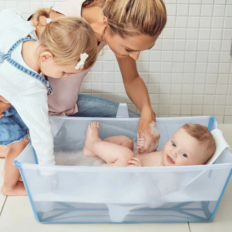 Baño Stokke Flexibath Plegable Transparente y Celeste