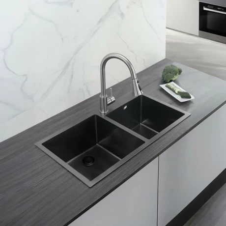 Pileta Cuarzo Rectangular Doble Bajo Mesada Gris Grafito Mate 72X40X20 Cm 000