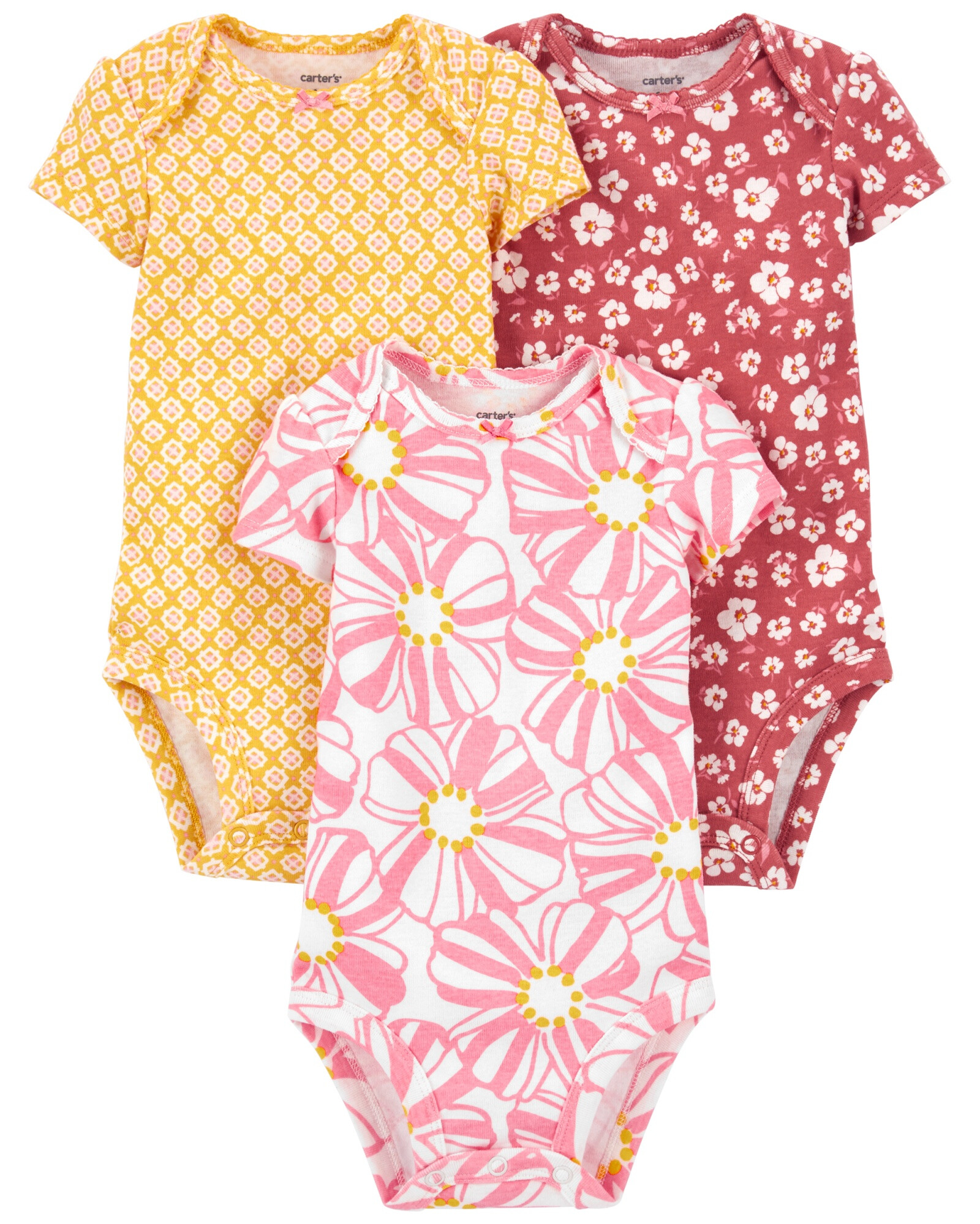Pack tres bodies de algodón, manga corta, diseño floral Sin color
