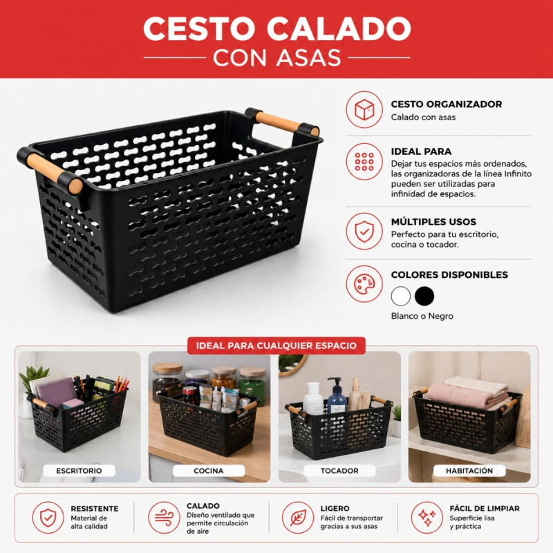 Cesto calado con asas 30 x 15 x 13 NEGRO
