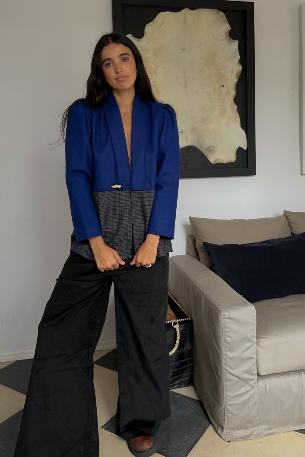 Blazer Office Lana Azul / Tweed Gris