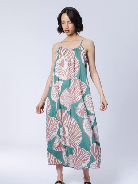 Vestido algodón estampa Hojas Verde