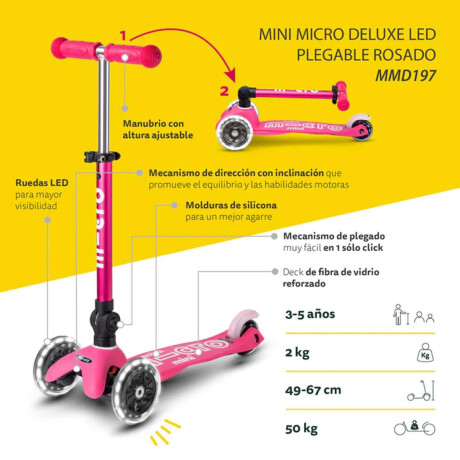 Monopatín Micro Mini Plegable Neón Led Ajustable Con 3 Ruedas Rosa