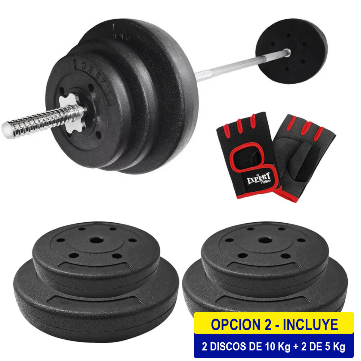Set Barra Maciza 1.50m +30kg Discos Pesas Gimnasio - 2x10KG + 2x5KG 