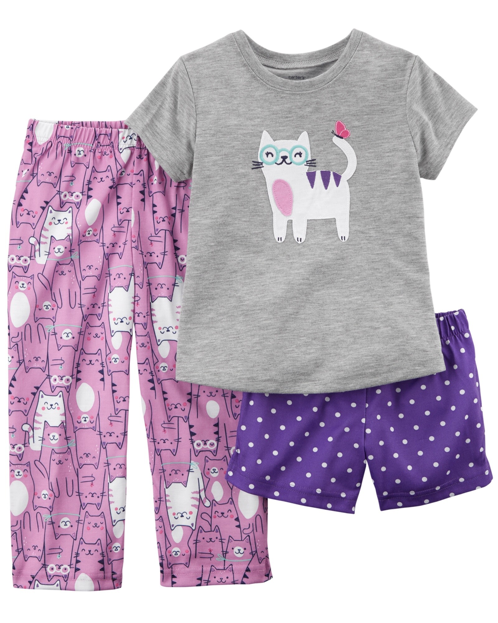 Pijama de tres piezas remera, short y pantalón de algodón Sin color