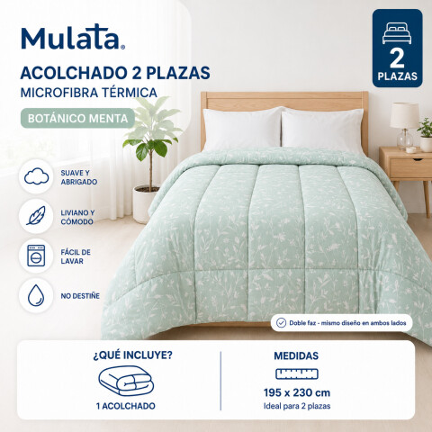 Acolchado 2 Plazas Doble Faz Microfibra Térmico 195 x 230cm - Botánico Menta Acolchado 2 Plazas Doble Faz Microfibra Térmico 195 x 230cm - Botánico Menta