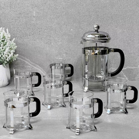 Set Cafetera Tetera Francesa 1L + 6 Tazas 200Ml Acero Vidrio Plateado