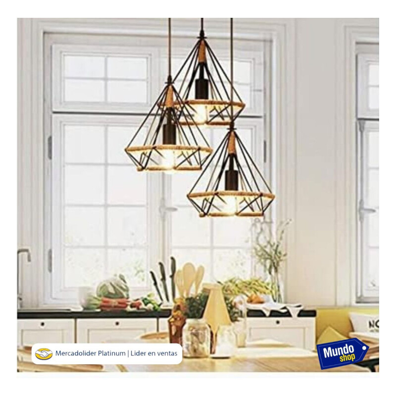 Lampara Colgante Diamante De Techo Decorativo Cuerda Metal Negro