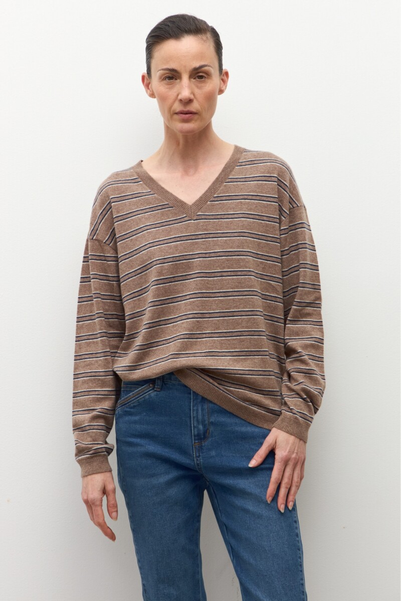 Sweater rayado escote V chocolate melange