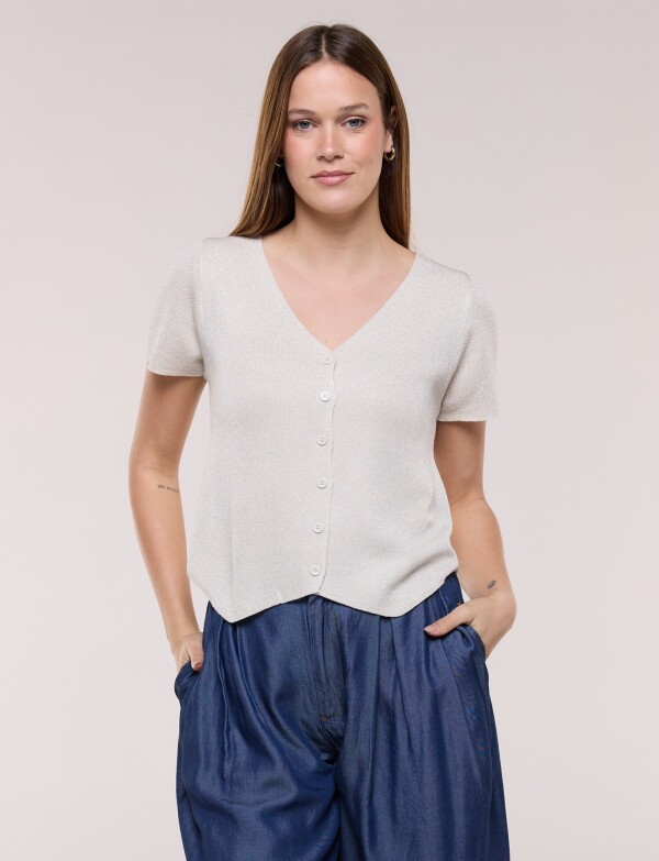 Cardigan Tejido Crop Con Brillo Y Escote V BEIGE