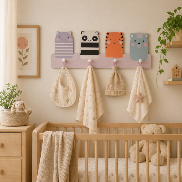 Perchero Infantil De Pared Animales 4 Ganchos Redondeado MDF Marrón 2