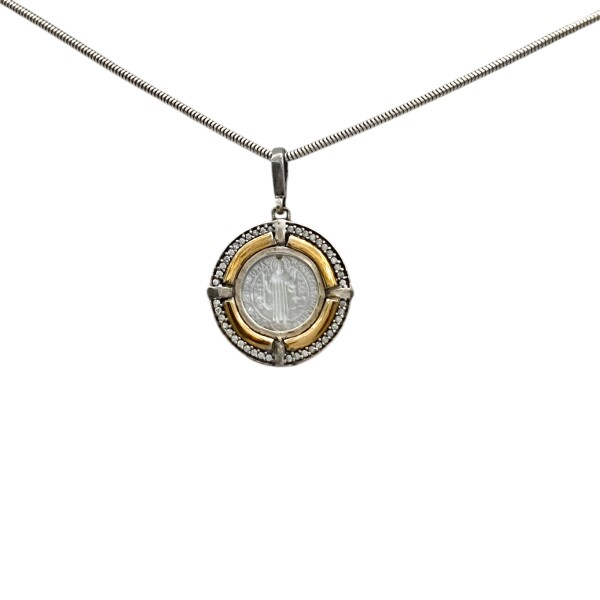 Dije Medalla redonda San Benito Doble imagen-Plata y oro- Nçacar y zirconia - CP5048 conpiedra