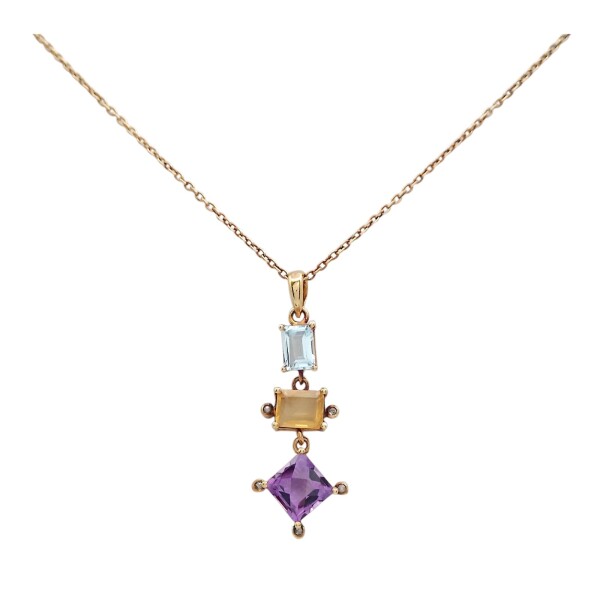 Conjunto Vishnu-Plata rodinada micra oro 18k-Piedras Topacio, Citrino, Amatista, Brillantes-CJ2002 conpiedra