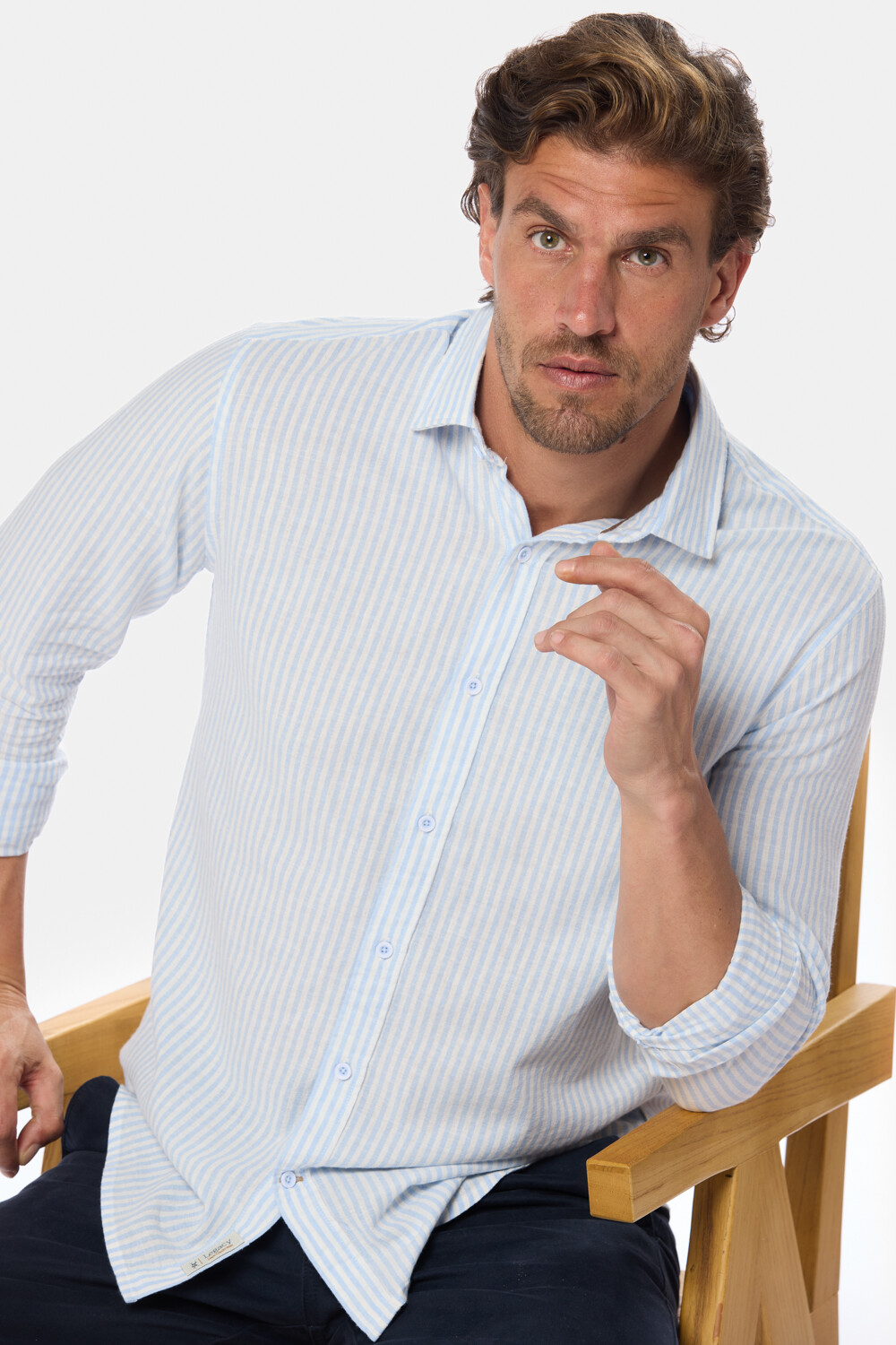 CAMISA DE LINO RAYADA Azul