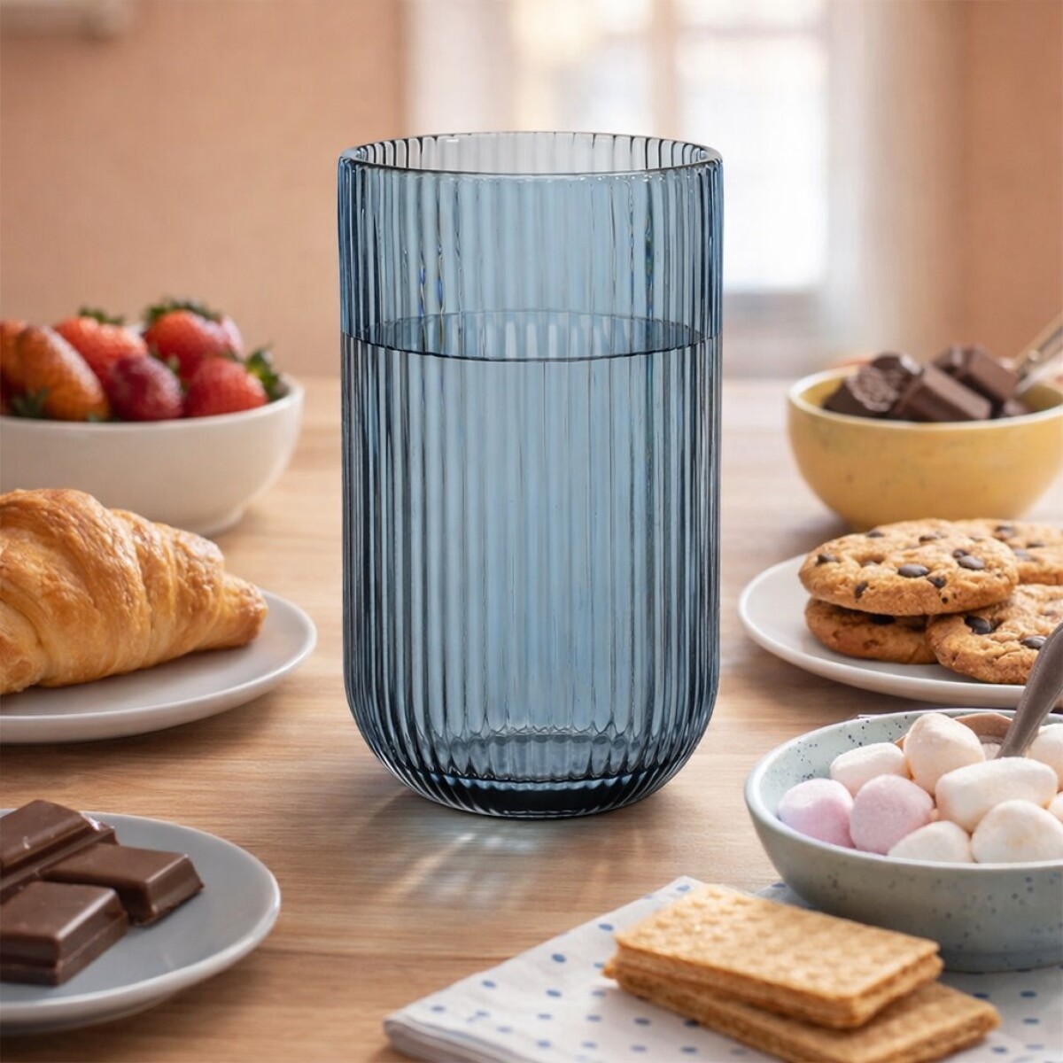 Vaso de Vidrio Labrado Diseño Lineas Set 6 Unidades - Azul 