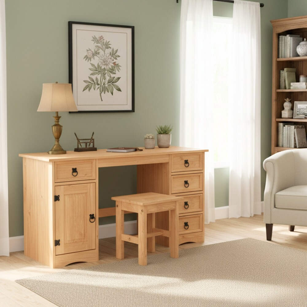 Escritorio - 5 Cajones + 1 Puerta + BANCO Natural