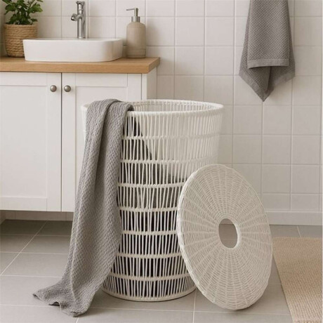 Cesto C/Tapa D42X56Cm Plastico Simil Ratan Blanco