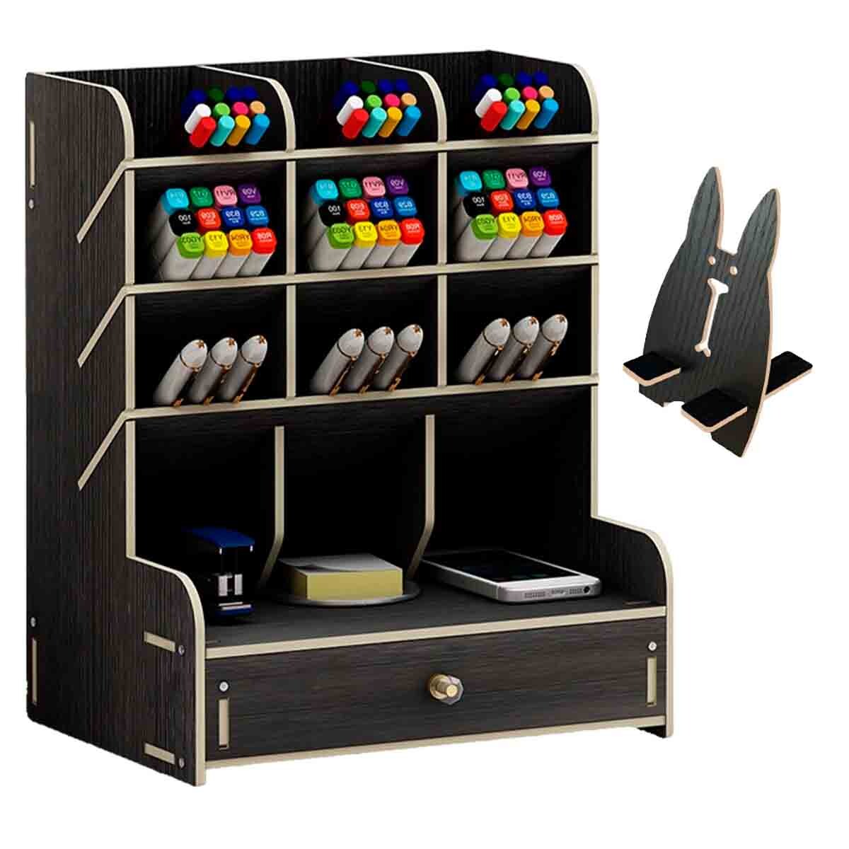 Estante Organizador Madera Para Marcadores y Celular - Negro 
