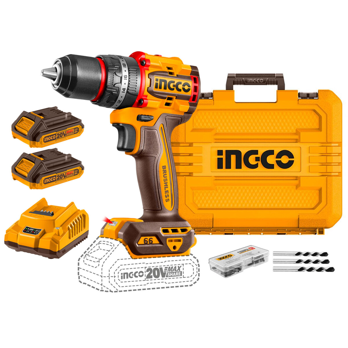 Taladro Atornillador Inalambrico Brushless 20V 66Nm Ingco CIDLI20668 con Accesorios y Valija 