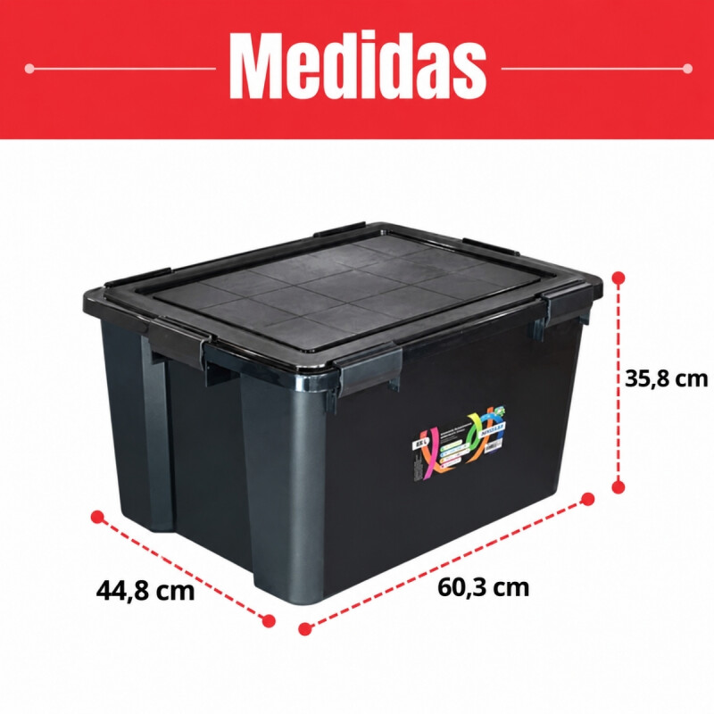 Set x2 Cajas organizadoras 80lts con 6 trabas NEGRO