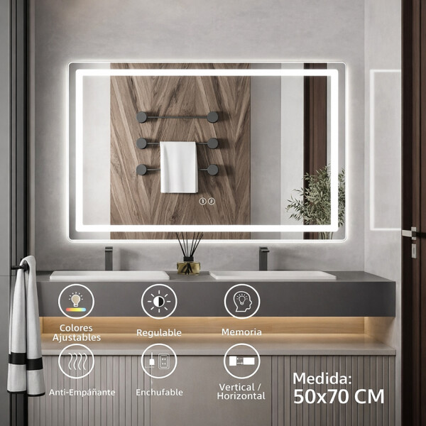 Espejo Rectangular Con Led Baño Led10 50 X 70 Cm Desempañador ESPEJO RECTANGULAR LED10 50X70