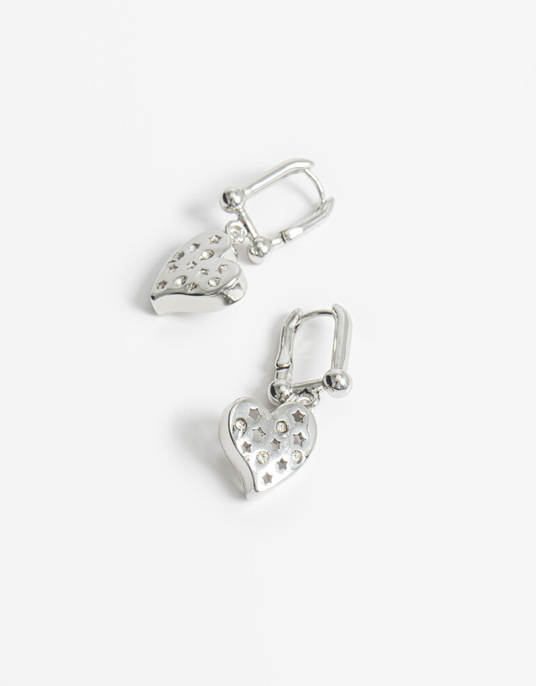 Aros Colgantes Cortos Strass Aros Colgantes Corazón Strass - Plateado Rodio