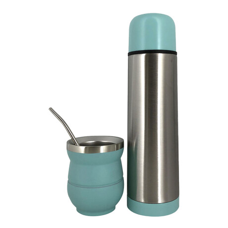 Set Invierno Manta Frazada Polar 2 Pza + Termo Mate Bombilla Turquesa