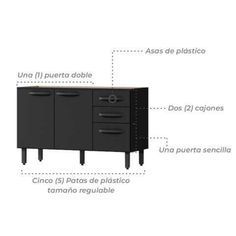 Bajo Mesada de Cocina 3 Puertas 2 Cajones 120 x 77 x 50 cm - NERO Bajo Mesada de Cocina 3 Puertas 2 Cajones 120 x 77 x 50 cm - NERO