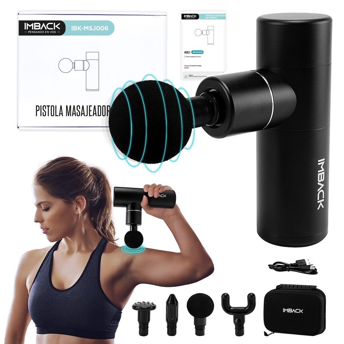Masajeador Pistola Corporal Inalambrico Portatil 4 Cabezales Motor Profesional Potente 