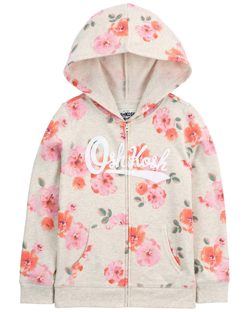 Campera de algodón, con capucha y logo diseño floral. Talles 6-14 