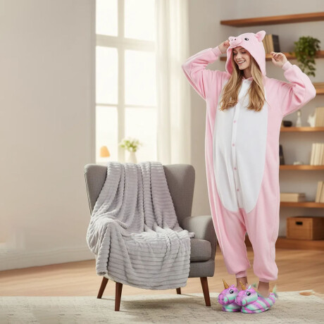 Set Adultos Pijama Entero Cerdito + Pantuflas + Manta Polar Rosa