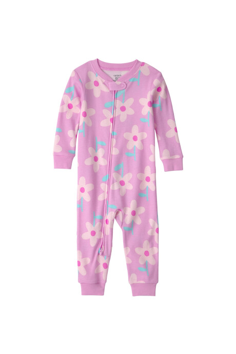 Pijama enterito de algodón, rosado, diseño floral. Talles 12-24M Sin color