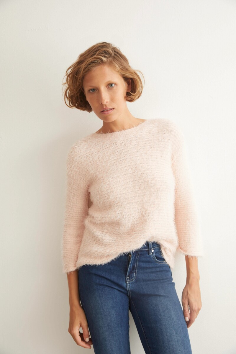 Sweater escote bote efecto pelo rosa pastel