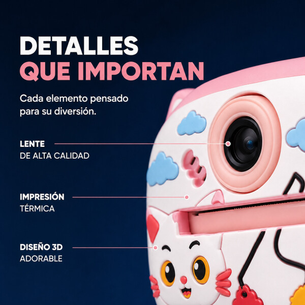 Cámara Gatito Infantil Instantánea 48MP Con Juegos Y Música Color Rosa