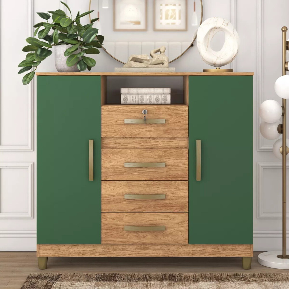 Cómoda cajonera 4 cajones 2 puertas - Con llave MARRÓN-VERDE