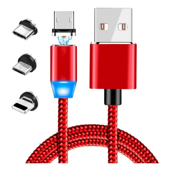 Cable Magnetico Cargador iPhone Tipo C Micro Usb 3 Puntas Color Variante Rojo