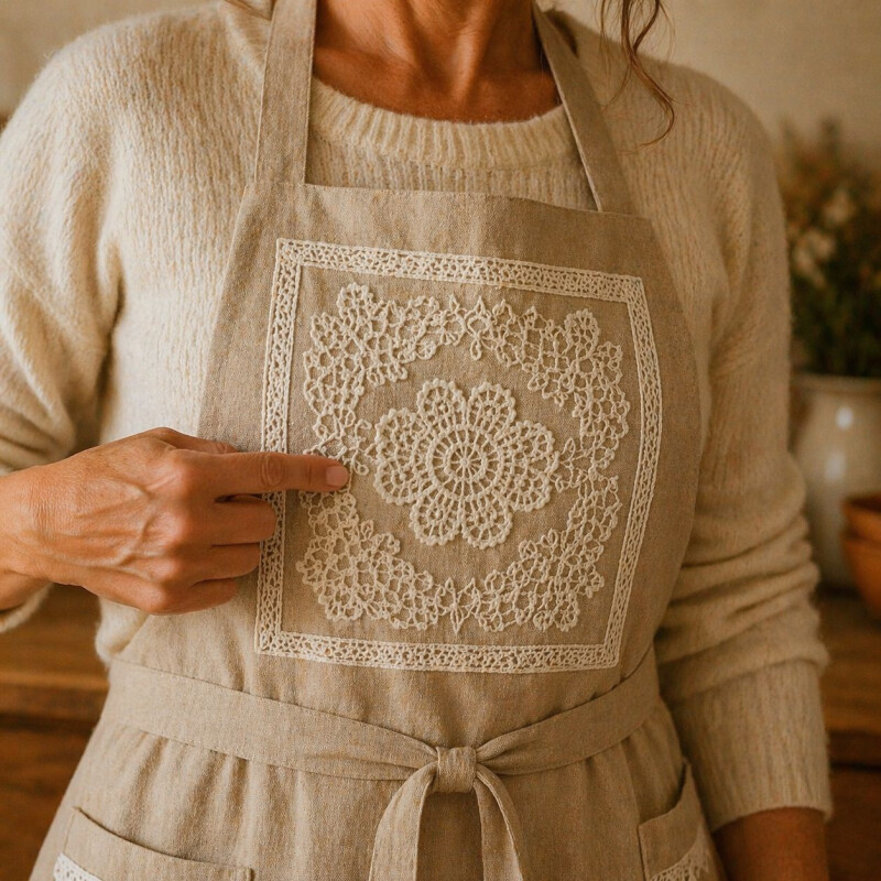 Delantal de Cocina en Algodón con Detalles en Puntilla Beige