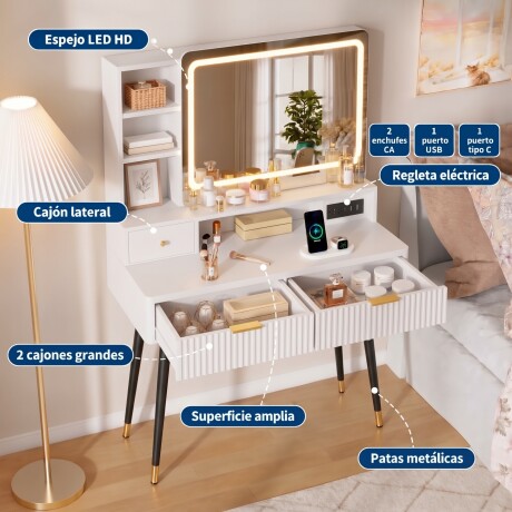 TOCADOR MAQUILLAJE MODERNO ESPEJO LUZ LED + ENCHUFE 3 CAJONES REPISAS ORGANIZADORAS PATAS METÁLICAS BLANCO