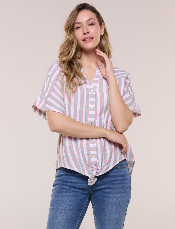 Camisa Con Nudo Frontal Y Manga Corta MULTI/VERDE