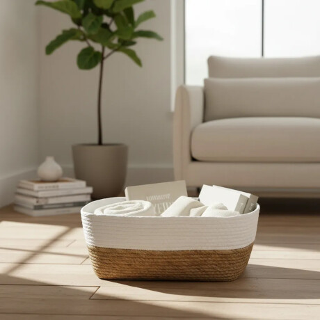 Cesto Canasto Fibra Natural Paramount Decoración 35x28x13Cm Blanco