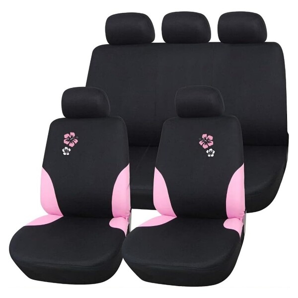 Cubreasiento Universal Para Auto Negro Con Detalles Y Flores En Color Rosa Cubreasiento Universal Para Auto Negro Con Detalles Y Flores En Color Rosa