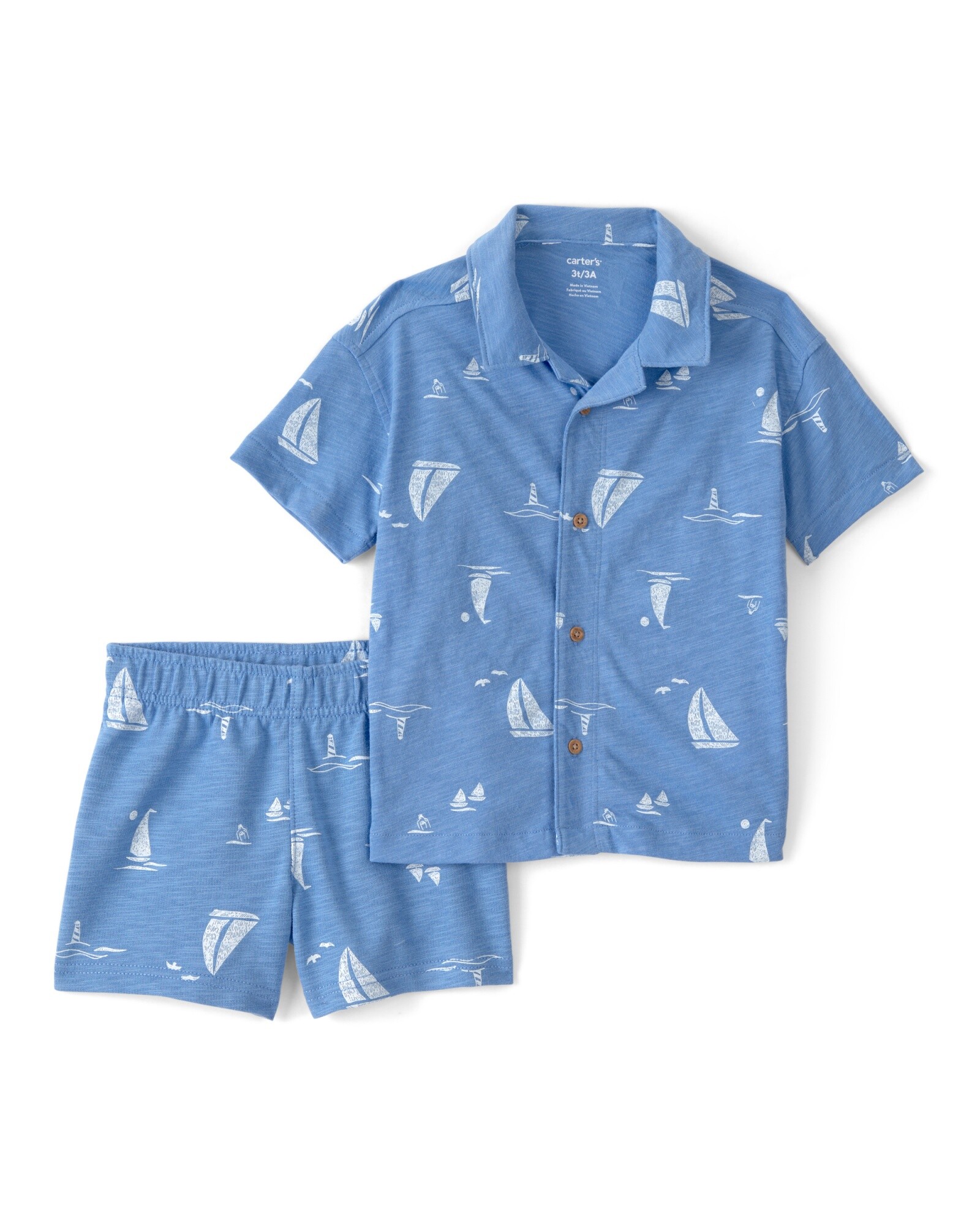 Set dos piezas de algodón, short y camisa, azul, diseño veleros. Talles 2-5T Sin color
