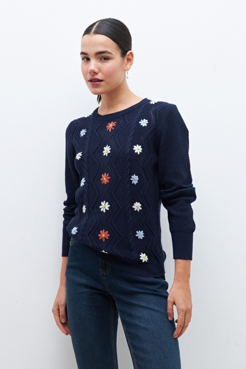 Sweater con bordado floral azul marino