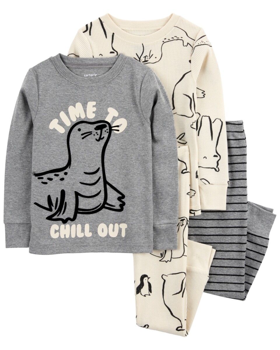 Pijama cuatro piezas de algodón, dos pantalones y dos remeras, diseño animales marinos 