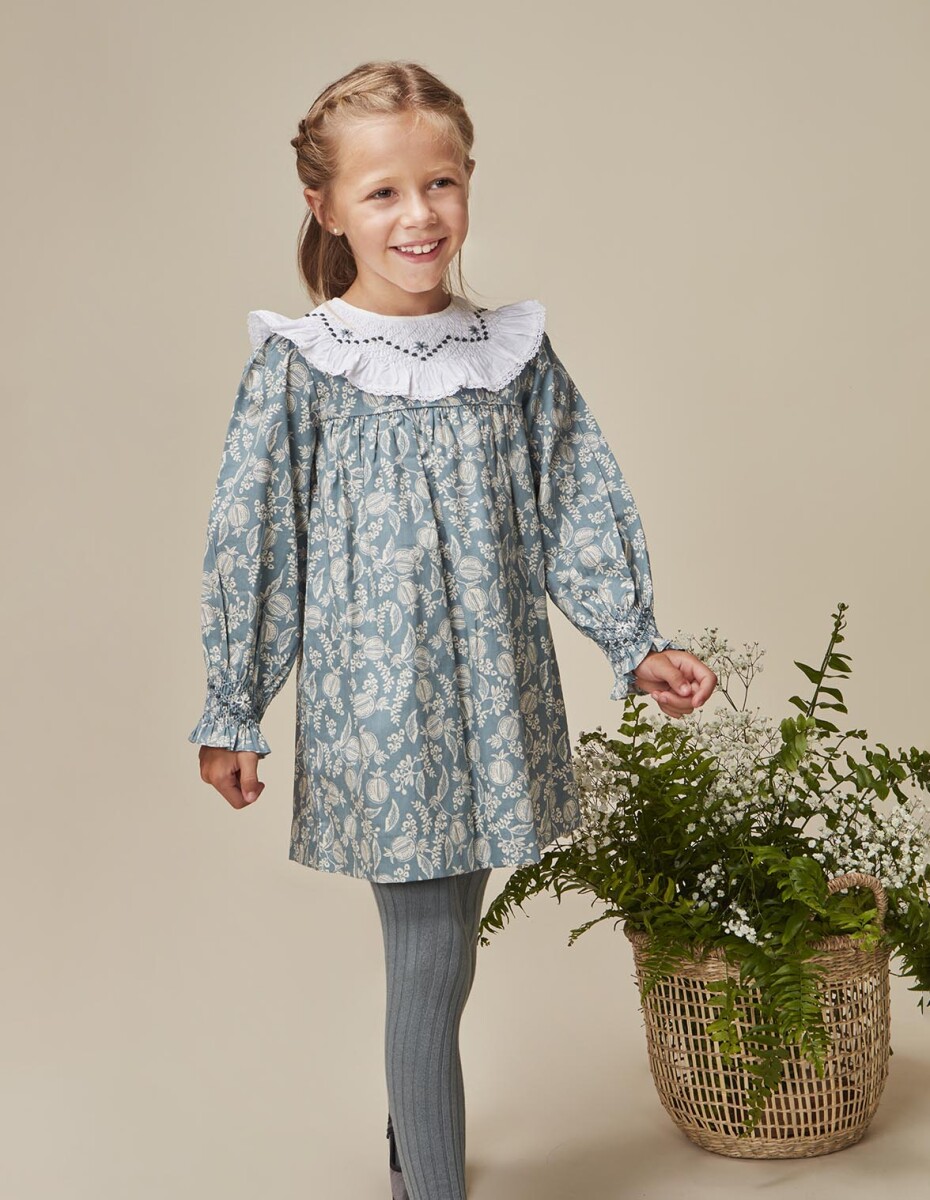 Vestido Cuello Nido De Abeja - Azulado 