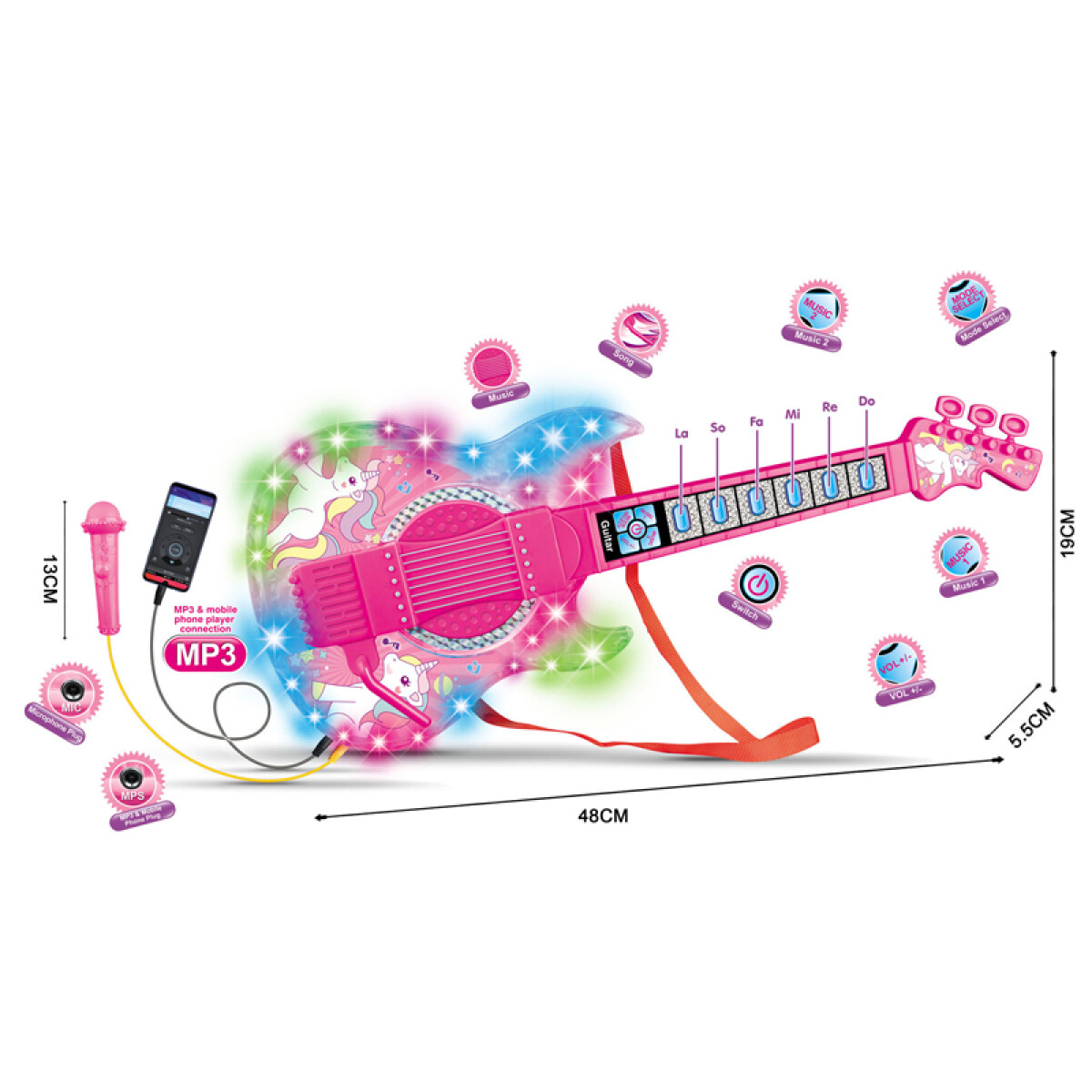 Guitarra Musical Unicornio con Micrófono 48 cm 