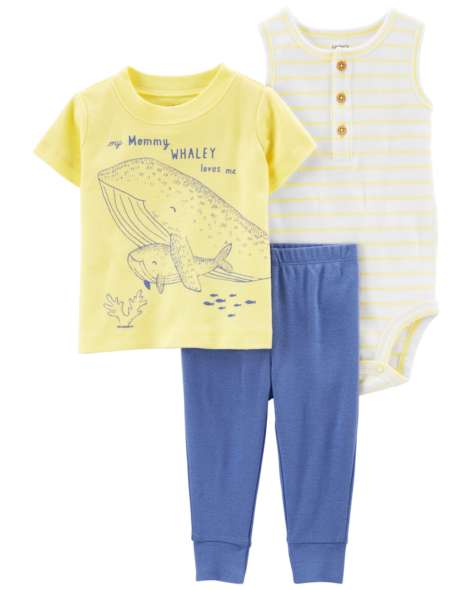 Set tres piezas de algodón, pantalón, remera y body, estampa ballena Sin color